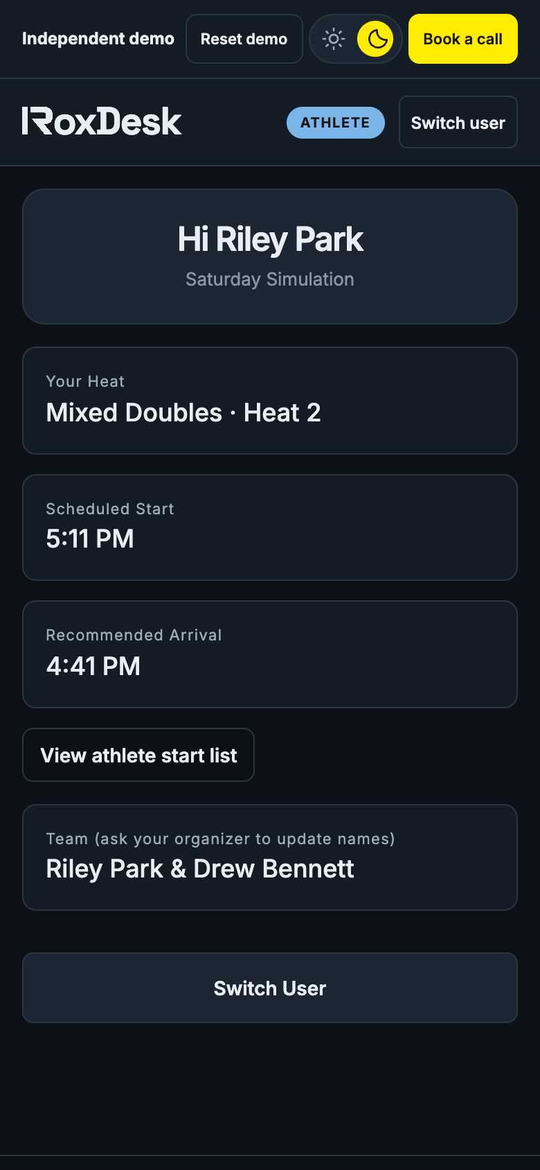 Personal athlete view with division, heat, scheduled start and recommended arrival