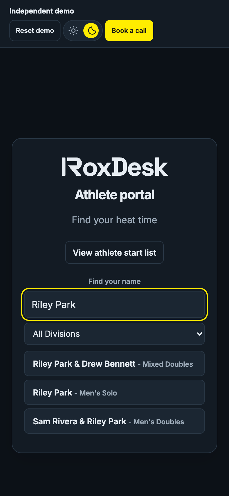 Athlete name search in the demo showing a matching registration